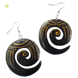 Boucles d'oreilles Spirales en Bois Décor Motifs Ethniques Peints à la main