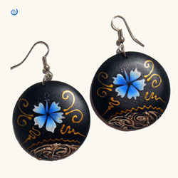 Boucles d'oreilles Rondes en Bois Peint Hibiscus Bleu