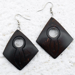 Boucles d'Oreille grands losanges en noix de coco - Artisanat de Bali