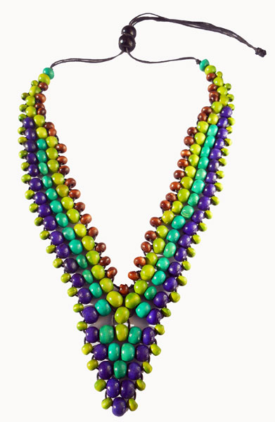 Collier bois original anis violet vert marron tissage d eperles style ethnique création artisanale