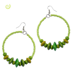 Boucles d'Oreilles Vertes Grands Anneaux Rocailles et Perles en bois