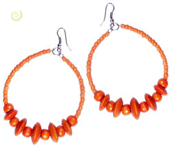 Boucles d'Oreilles Créoles Oranges Grands Anneaux Rocailles et Bois