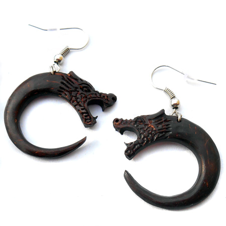 Boucles d'oreilles dragons sculpture en coco oriental artisanat de Bali