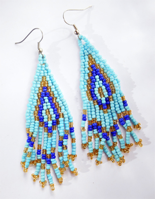 Boucles d'oreilles à franges en perles de rocailles bleues et dorées
