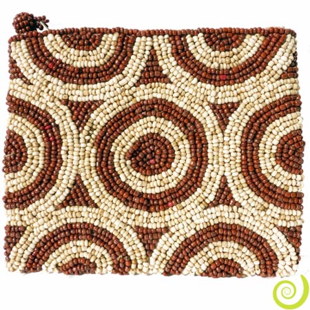 Porte-monnaie pochette broderie de perles cercles marrons et beiges artisanat