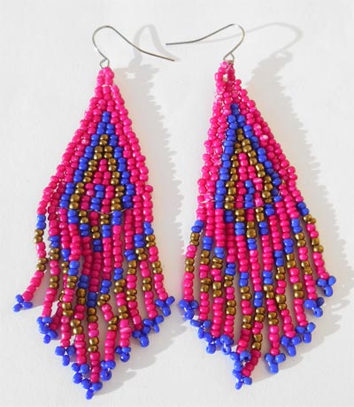 boucles d'oreilles en perles de rocaille franges rose bleu doré artisanat