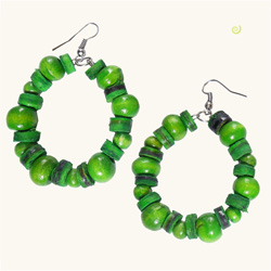 Boucles d'Oreilles Vertes Anneaux Perles en Bois et en noix de Coco