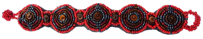 Bracelet broderie de rocailles rouge gris noir