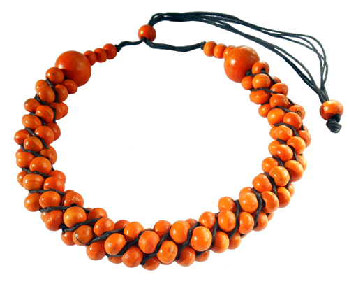 Collier en bois Orange perles en torsade cordon ajustable sans métal création artisanale