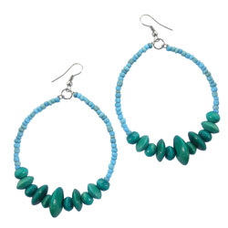 Boucles d'Oreilles Créoles originales en Rocailles Turquoises et Perles en Bois Vertes