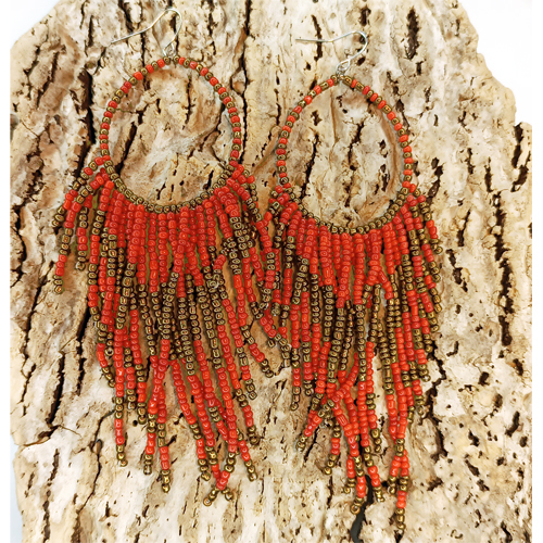 Grandes boucles d'oreilles rouges pendantes anneaux et franges en perles de rocaille
