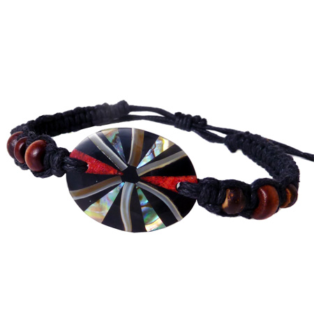 Bracelet cordon tressé nare abalone coquillageet corail rouge sur résine noire