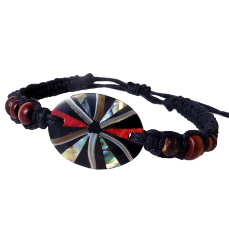 Bracelet cordon tressé nare abalone coquillageet corail rouge sur résine noire Bracelet cordon tressé nare abalone coquillageet corail rouge sur résine noire