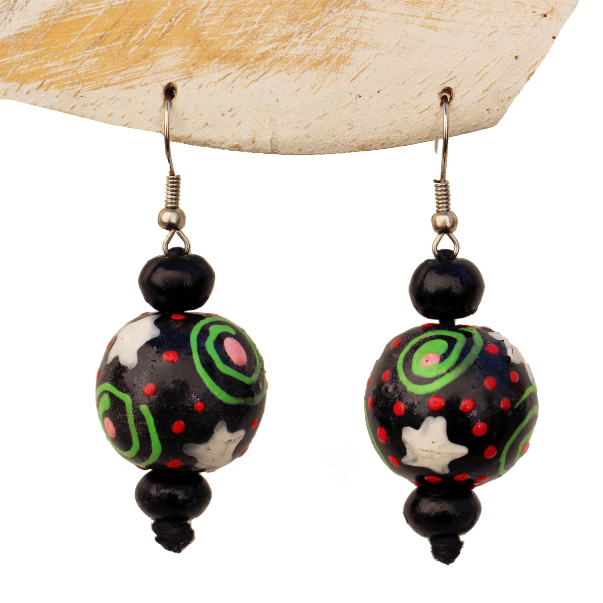Boucles D'oreilles Rondes En Bois Peint Bio Gitgit Bali - Multicolore - Neuves Avec étiquettes