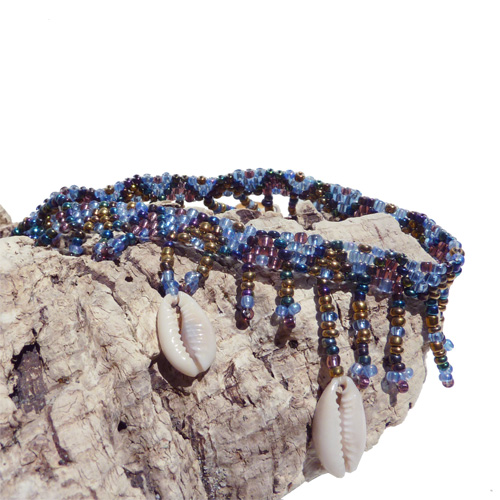 bracelet de cheville en perles de rocaille bleu bronze doré avec coquillages cauris