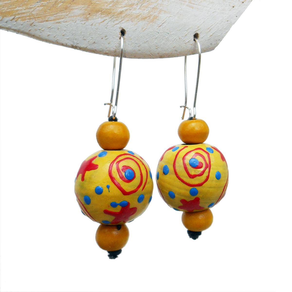 Boucles D'oreilles Clips En Bois Peint - Modèle 1745 - Style Ethnique Ou Bohème - Occasion En état Neuf