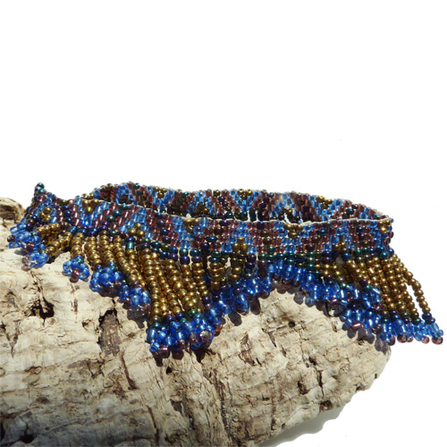 bracelet de cheville en perles de rocaille bleu bronze doré avec franges