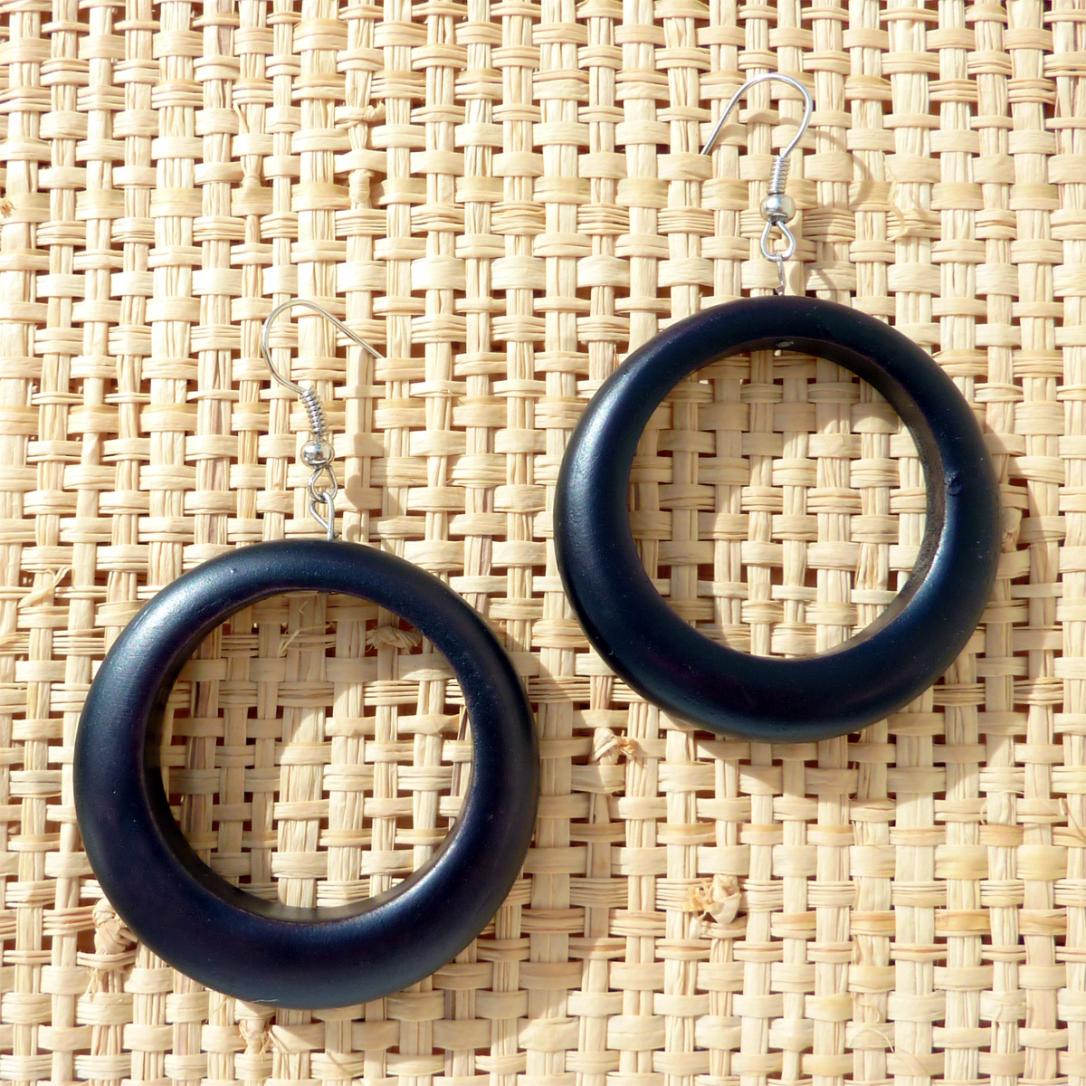 Paire De Boucles D'oreilles Vintage Clips - Gros Anneaux Noirs Et Bleus - Rétro, Bon état