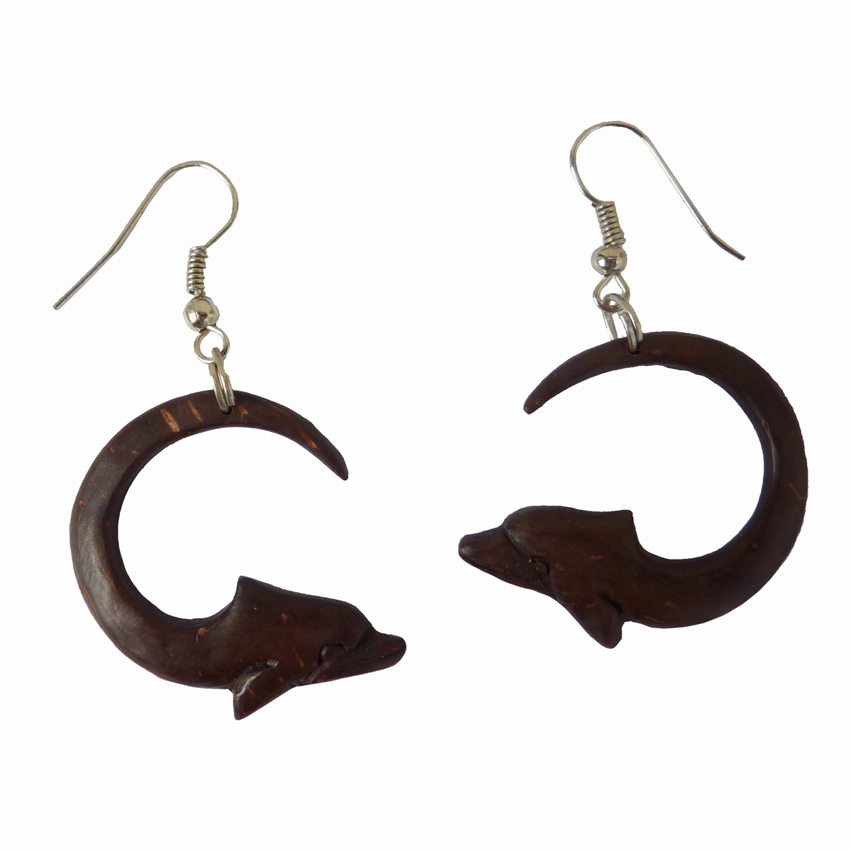 Boucles d'oreilles dauphins sculpture en coco artisanat de Bali