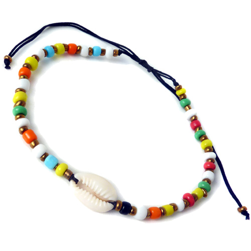 bracelet de cheville original coquillage cauri et perles multicolores fait main